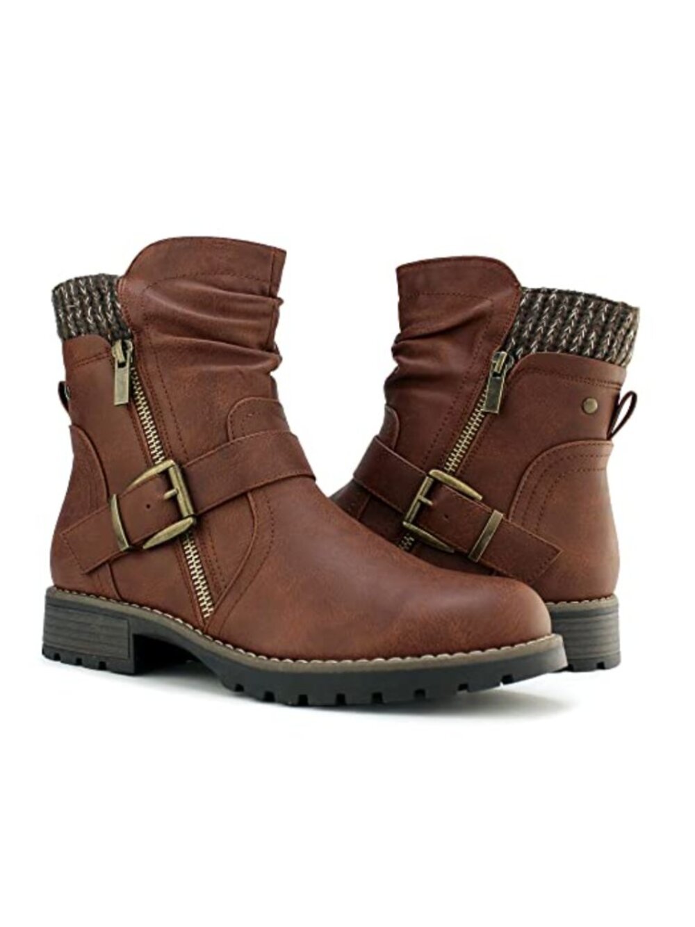 Women's Combat Boots Faux Leather Side Zipper Buckle Ankle Booties